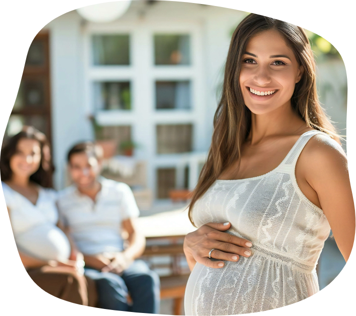 A smiling pregnant woman in a white dress standing outdoors with two women sitting in the background.