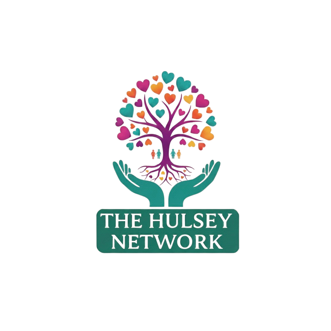 A logo for The Hulsey Network featuring a purple tree with multicolored heart-shaped leaves, supported by two teal hands, with silhouettes of people and roots inside the tree, and the text "The Hulsey Network" below.