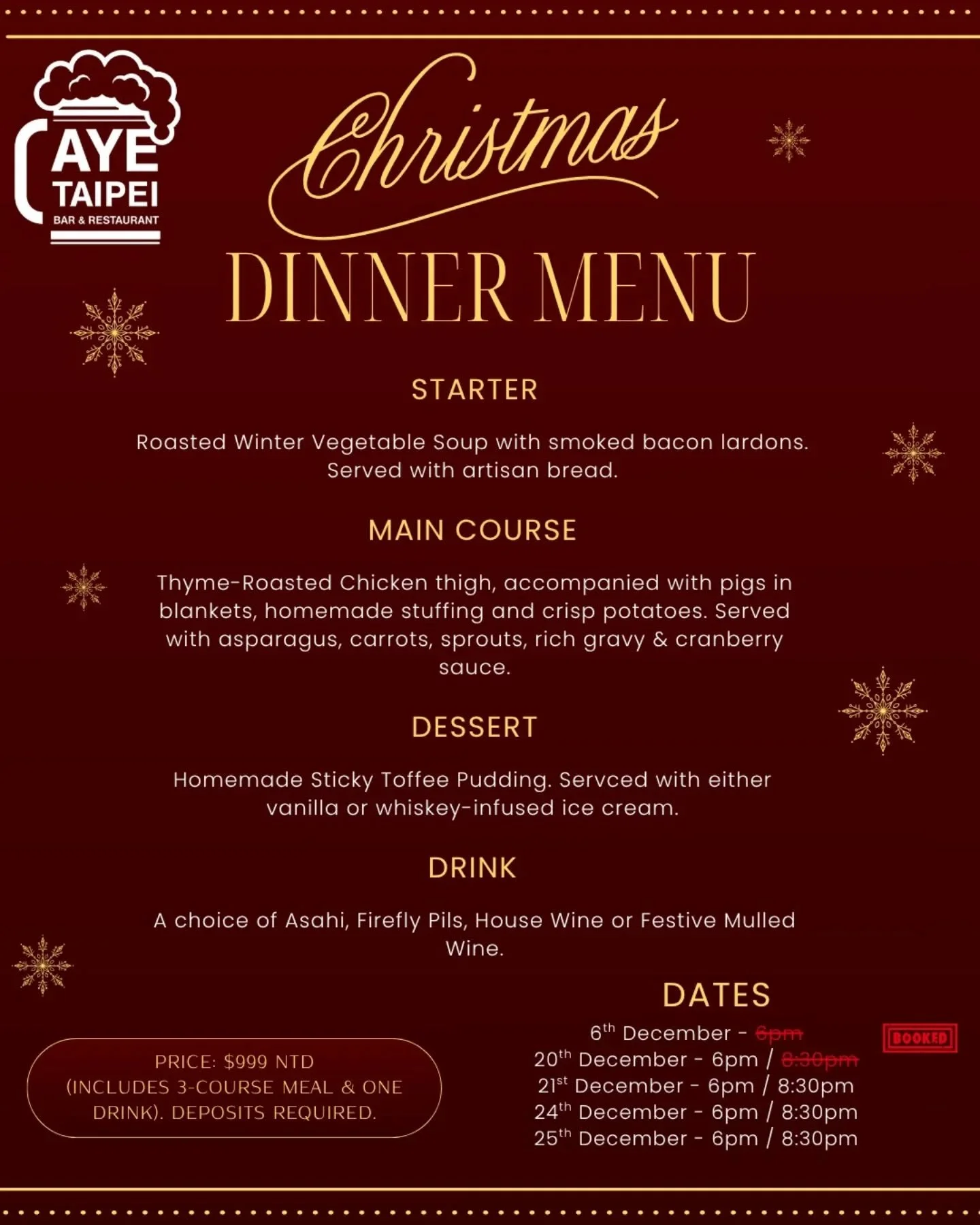 It's that time of year again... and many of you have already been in touch. We're not going to disappoint - it's time for the Aye Taipei CHRISTMAS DINNER! 🎄

This time we will be offering a delicious 3-course meal, with a glass of wine or beer, for 