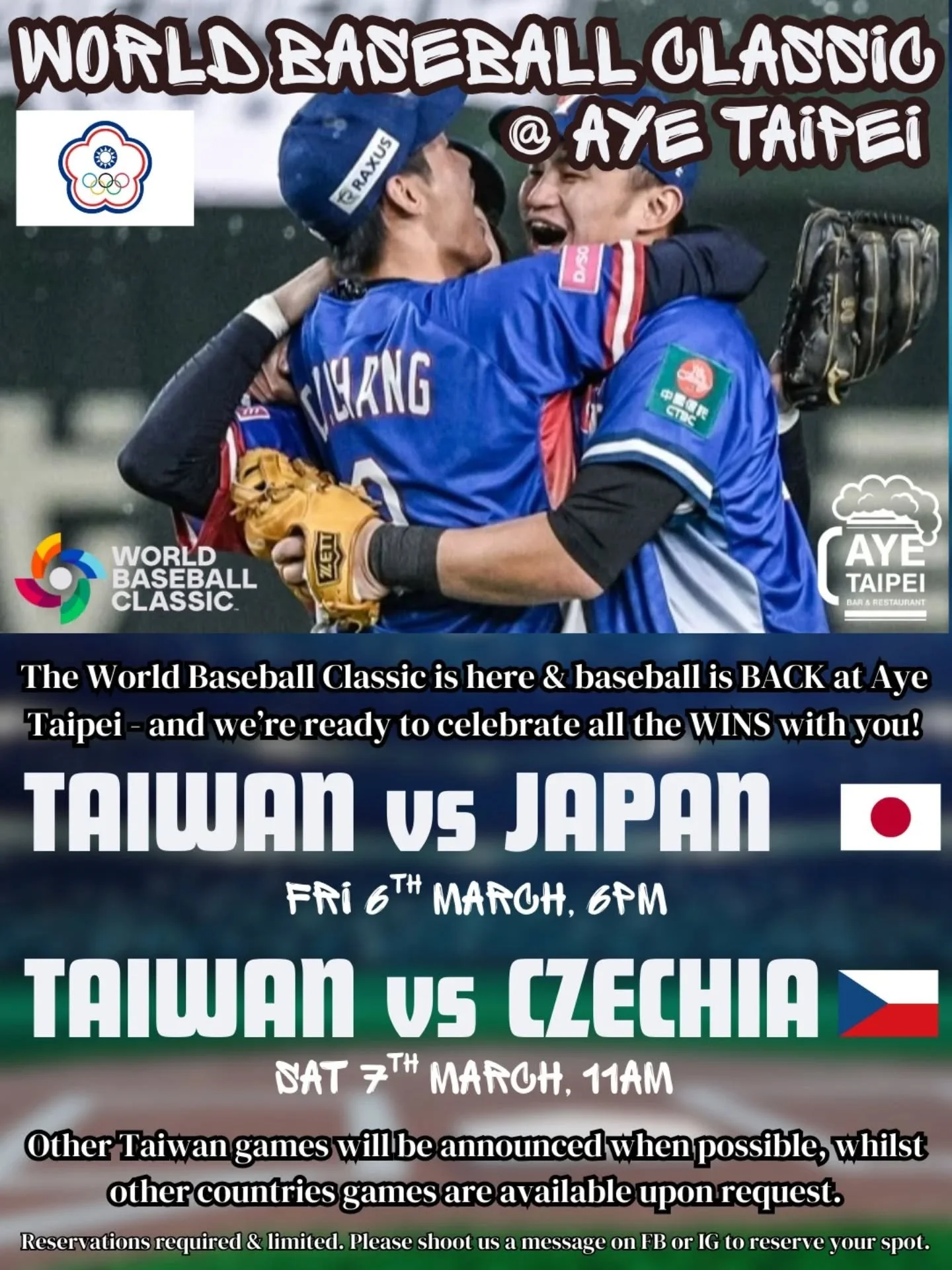 LET'S GO, TAIWAN! 🇹🇼⚾

The World Baseball Classic fever is real, and there&rsquo;s only one place to cheer on Taiwan with the loudest crowd in town &mdash; Aye Taipei Restaurant &amp; Bar  right here in Taipei! 🍻🔥

We&rsquo;re showing the BIG mat