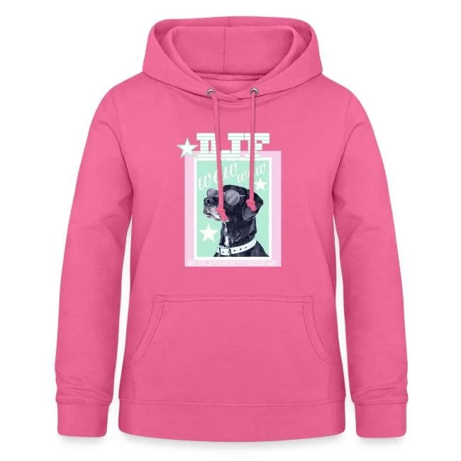 Pinker Kapuzenpullover mit Grafikatrappe und Hundebild.