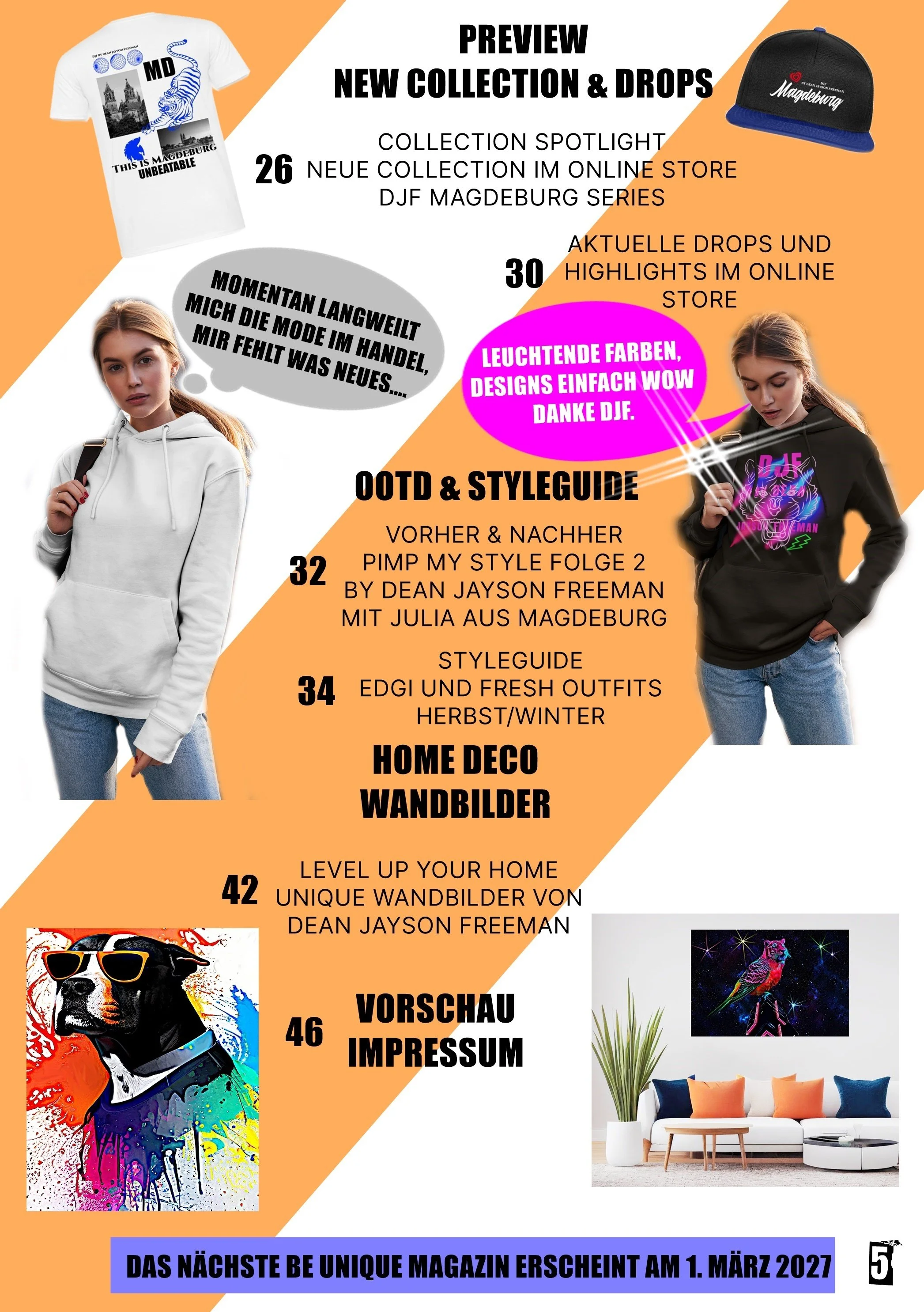 A promotional poster with images of fashion items, wall art, and interior decor, advertising a new clothing and home decor magazine release in March 2027.