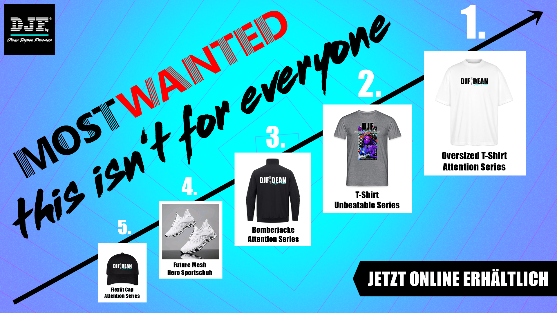 Eine Visualisierung eines aufsteigenden Kalenders mit Produkten, die von einem schwarzen Hut bis zu einem weißen T-Shirt reichen. Der Text 'Most Wanted' und 'this isn't for everyone' sind diagonal über das Bild geschrieben. Am unteren Rand steht 'Jetzt online erhältlich'.