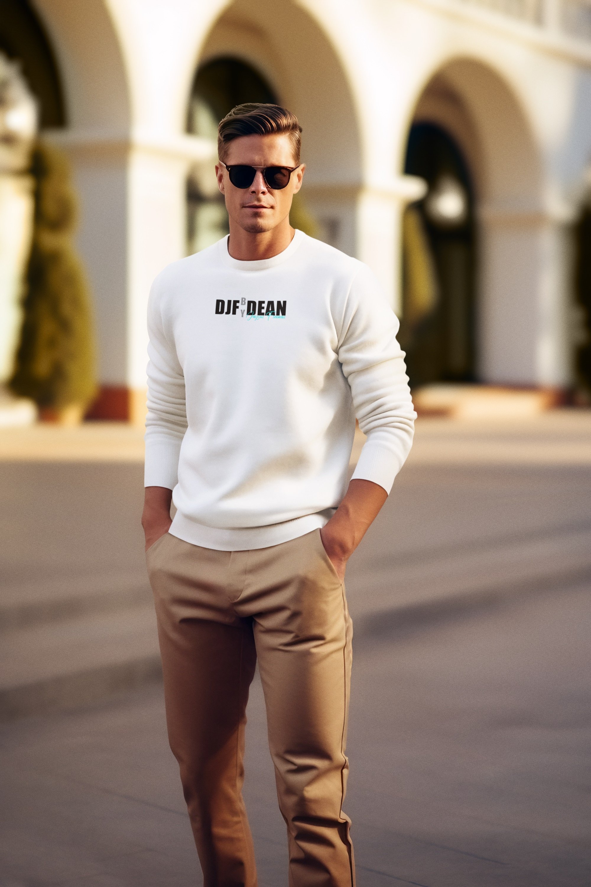 Ein Mann in weißen Pullover und beige Hosen geht auf einer Straße, trägt Sonnenbrille, hat kurze Haare, im Hintergrund weiße Gebäude mit Bögen.