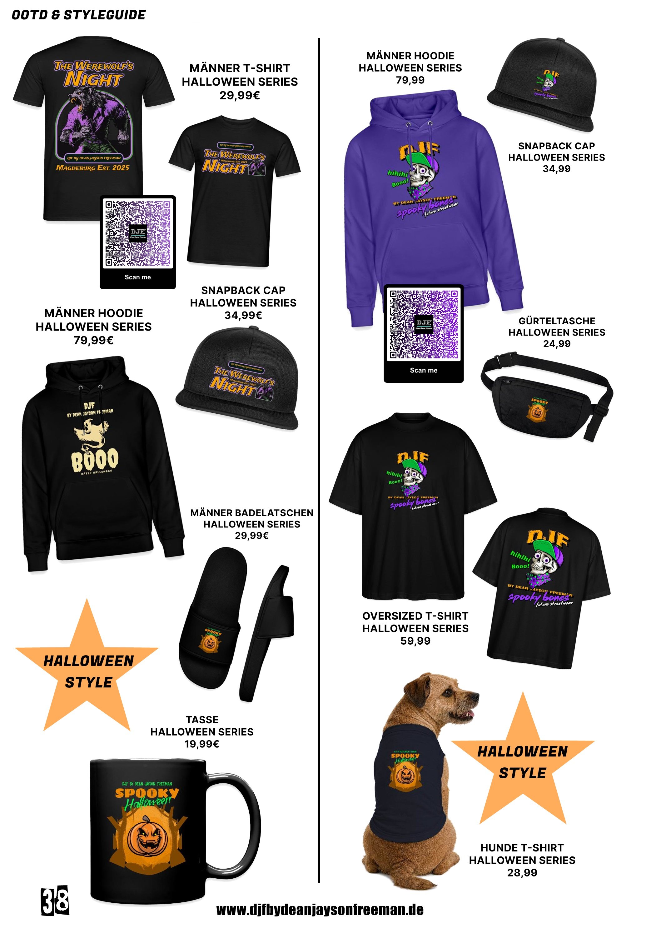 Verschiedene Halloween-Modeartikel, darunter T-Shirts, Hoodies, Mützen, Taschen für Hunde, Becher und eine Gürteltasche, mit Halloween-Designs und Preisen in Euro. Zwei Hunde tragen Halloween-T-Shirts.