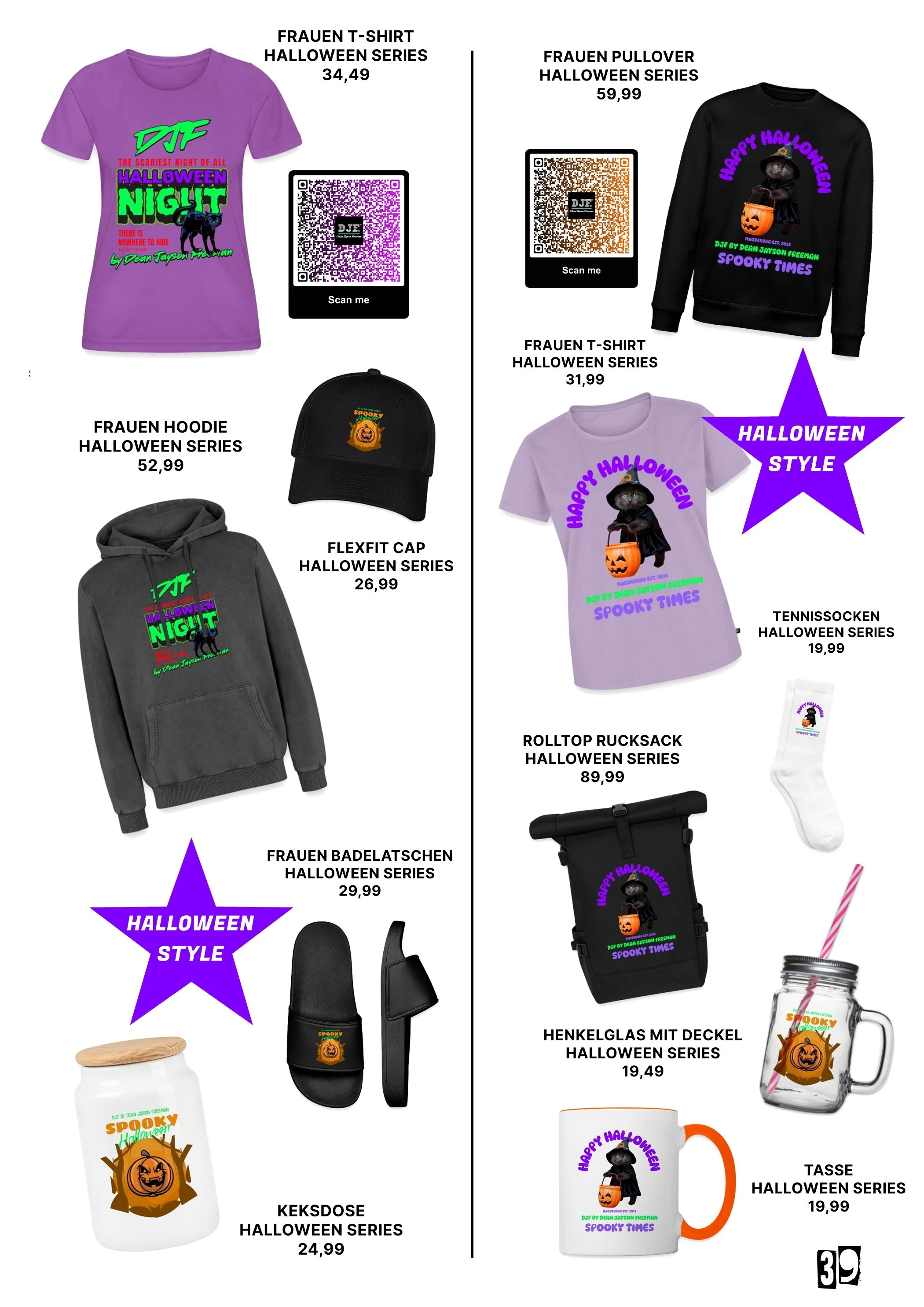 Übersicht über Halloween-Produkte, darunter T-Shirts, Hoodies, Mützen, Socken, Gläser und Tassen, alle mit Halloween-Designs, überwiegend schwarz, lila, orange und grün.