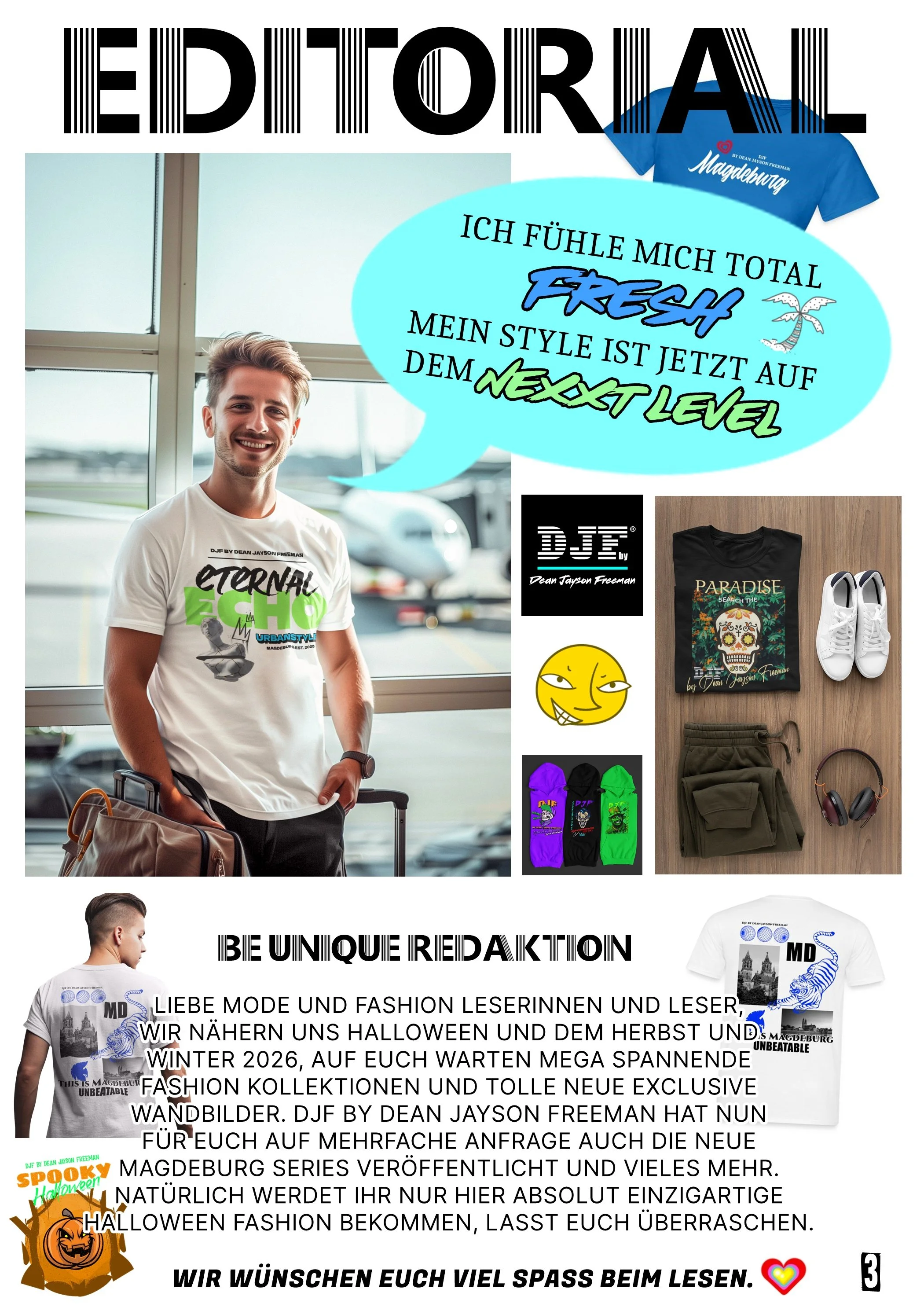 Seite aus einem Magazin mit Mode- und Halloween-Themen. Es zeigt einen lächelnden jungen Mann mit Reisekoffer, abgebildet doppelt. Enthält Text. Es gibt Kleidung, Schuhe, Socken, eine T-Shirt mit Halloween-Motiv, eine Grußbotschaft und Emojis.
