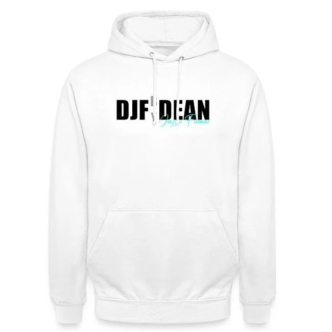 weißer Hoodie mit schwarzem und blauem Druck, der den Text 'DJF DEAN' zeigt