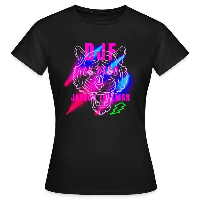 Schwarzes T-Shirt mit neonfarbenem Tigerkopf und Text 'The Jason Teyeman' in pink, blau, grün und lila, im Neon-Stil gestaltet.