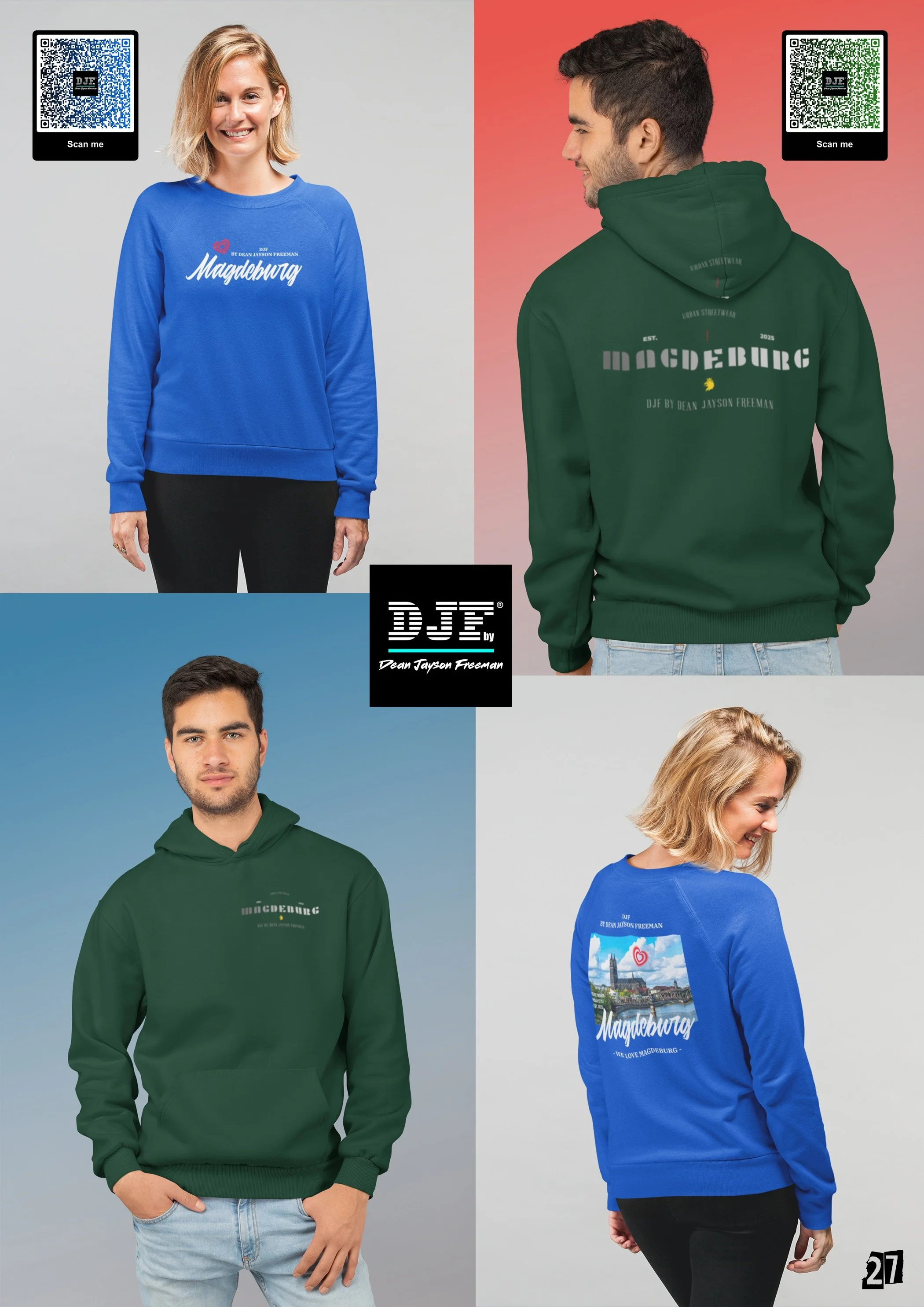 Bilder von vier Menschen, die hoodies und Sweatshirts tragen, mit dem Stadtwappen von Magdeburg. Verschiedene Modelle und Farben. Zwei QR-Codes in der oberen linken und rechten Ecke. Text auf den Kleidungsstücken und im Hintergrund. Das Logo von DJF 