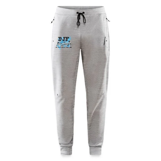 Graue Jogginghose mit schwarzem Kordelzug und Druck auf der linken Seite.