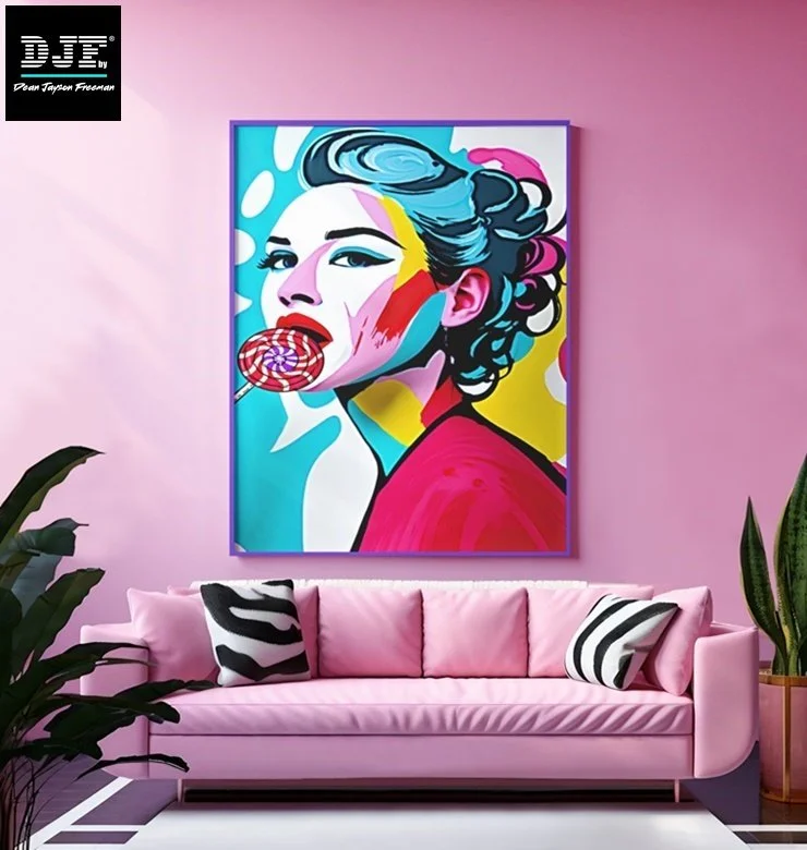 Moderne Wanddekoration in einem Wohnzimmer mit pinker Wand, eines Pop-Art-Kunstwerks eines knieenden Mädchens mit einem Lutscher im Mund, auf einem rosa Sofa mit Schwarz-Weiß-Kissen."