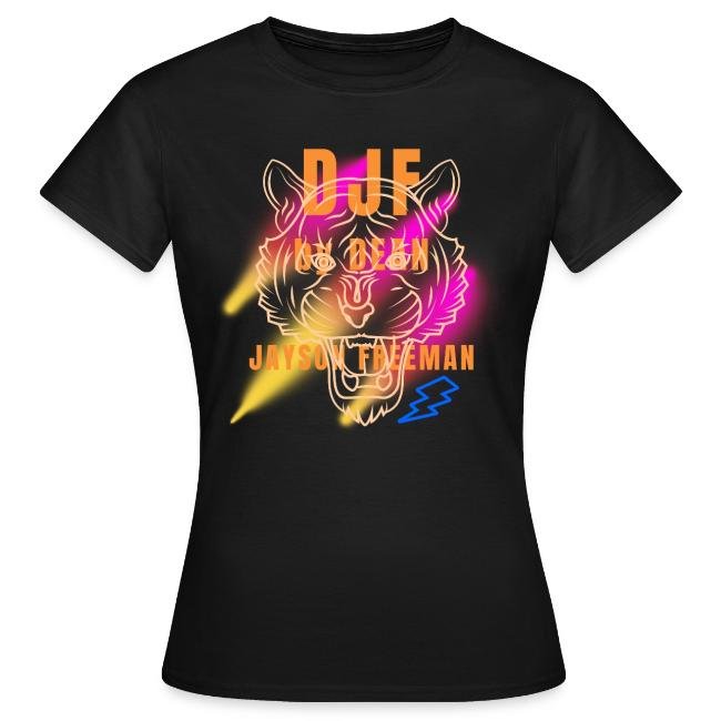 Schwarzes T-Shirt mit Neon-Design eines Tigerkopfes, overlaid mit den Worten DJF, Jayson Fiedeman, und neonfarbenen grafischen Elementen.