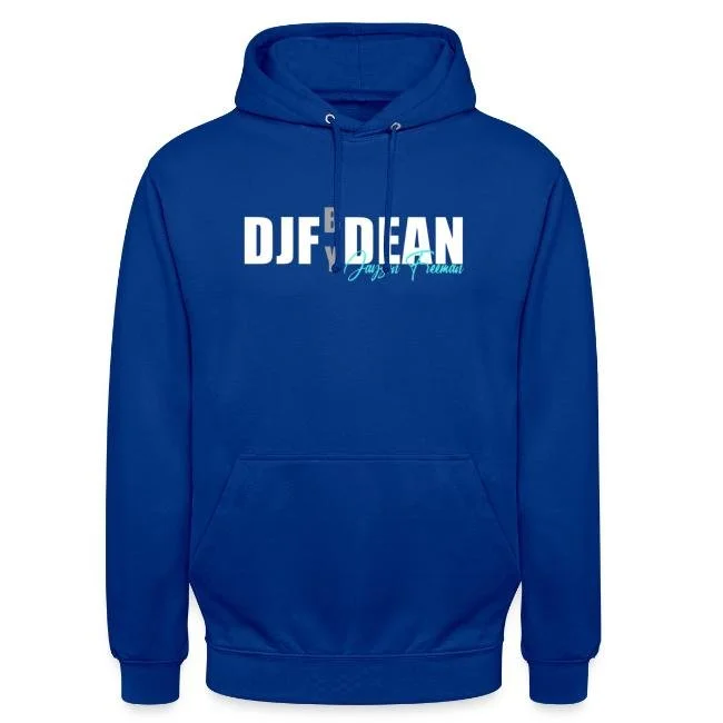 Blaue Kapuzenpullover mit weißen und blauen Schriftzug
