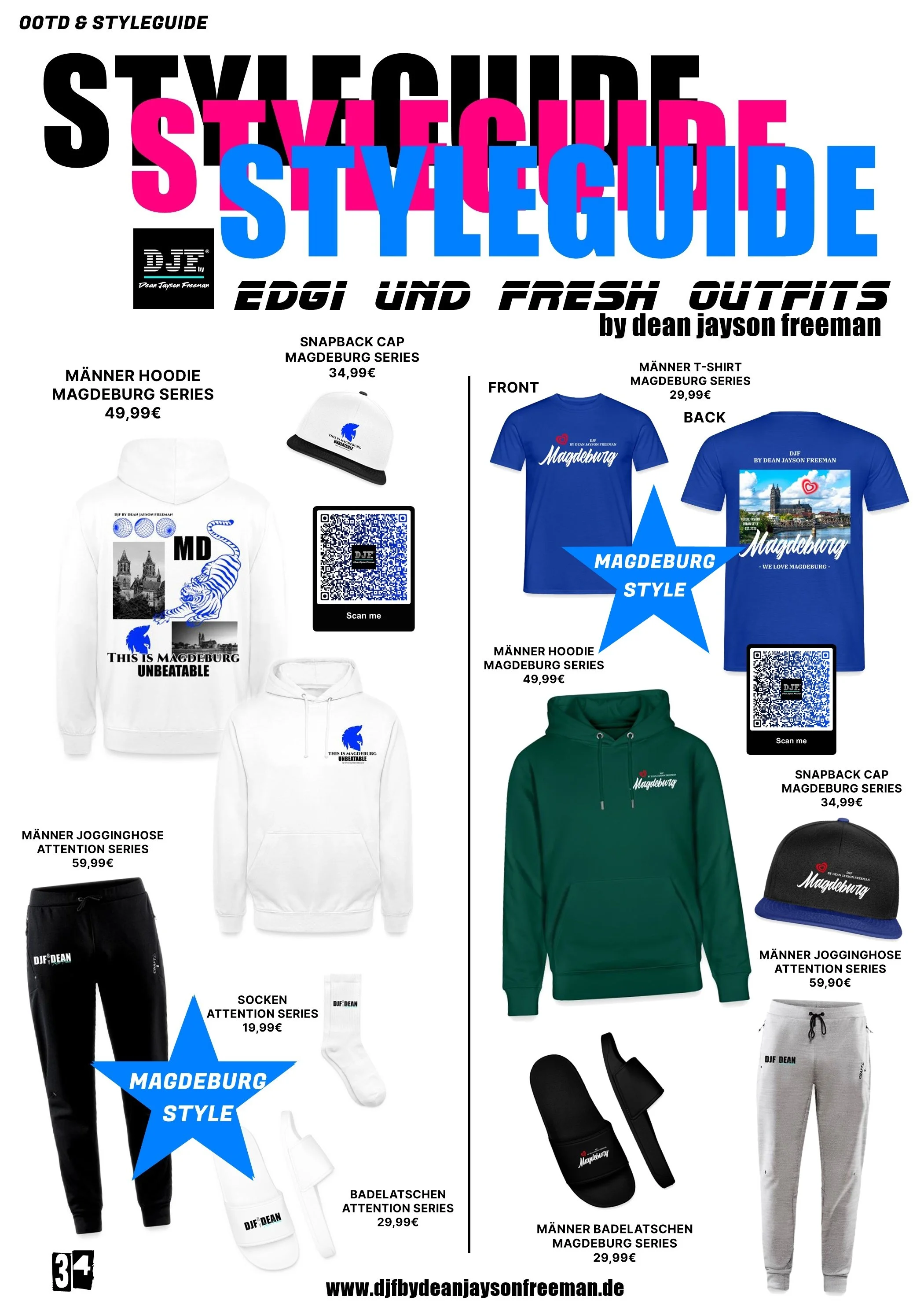 Werbeanzeige für modeartikel mit T-Shirts, Hoodies, Jogginghosen, Socken, Badetaschen, Mützen und Accessoires mit Bezug zu Magdeburg, inklusive Preisen, QR-Codes und Website-URL.
