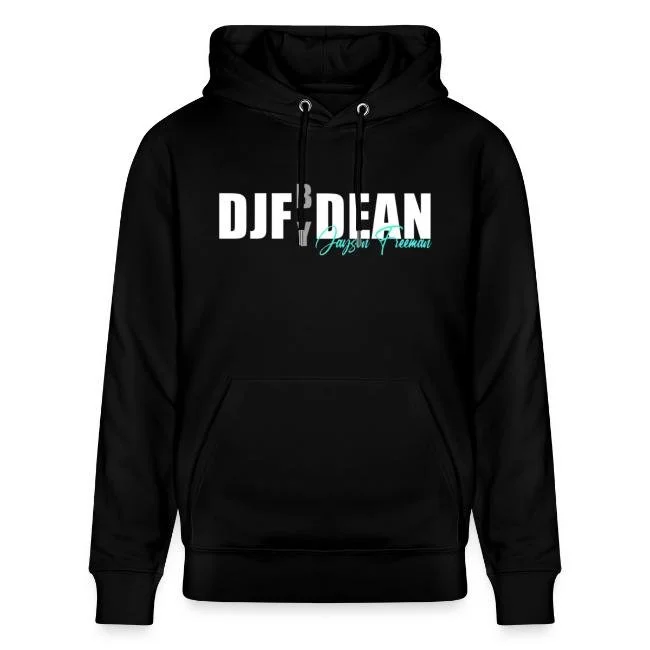 Schwarzer Hoodie mit weißen und blauen Texten, der Worte "DIP DEAN" und darunter "Jason Freeman" trägt.