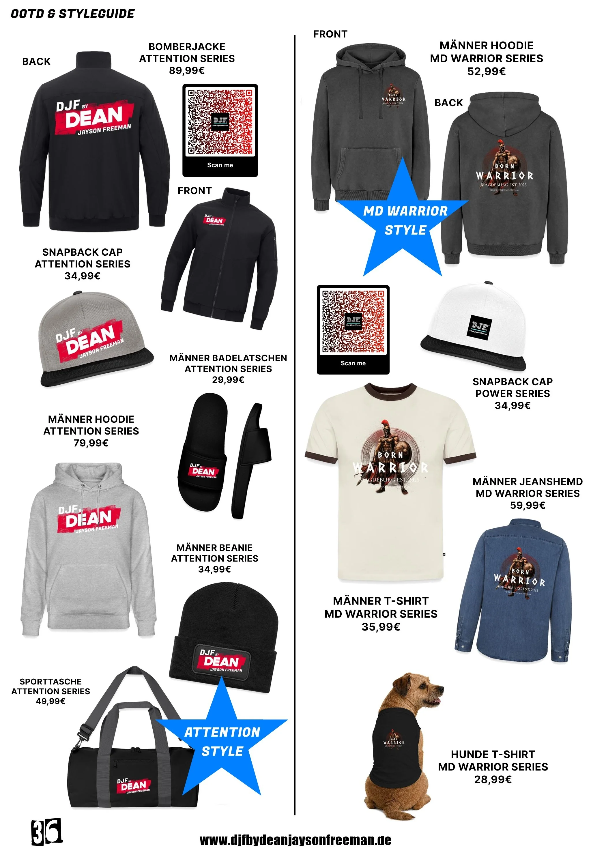 Produktübersicht der DJF by Dean Jayson Freeman Mode, einschließlich Jacken, Hoodies, Caps, T-Shirts, und Hunde-T-Shirts, mit Preisen in Euro, QR-Codes zum Scannen, und einer Website-Adresse am unteren Rand.