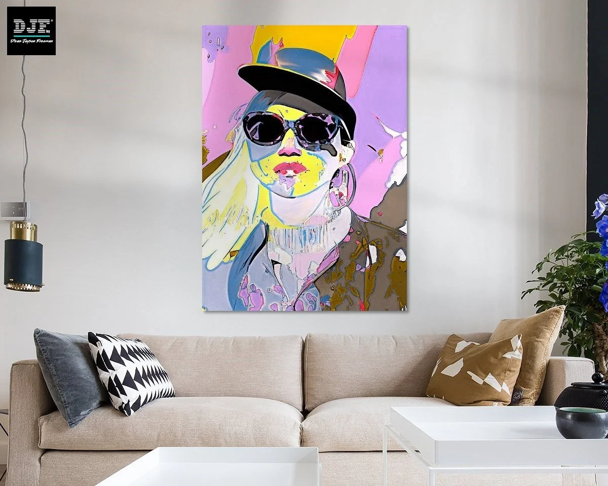 Moderne Wohnzimmer mit einer großen, bunten Pop-Art-Botzportrait Wandkunst über einem beige Sofa. Das Wohnzimmer ist stilvoll eingerichtet mit schwarzen, weißen, grauen und goldfarbenen Kissen, einer weißen Kaffeetafel und blühender Pflanze.