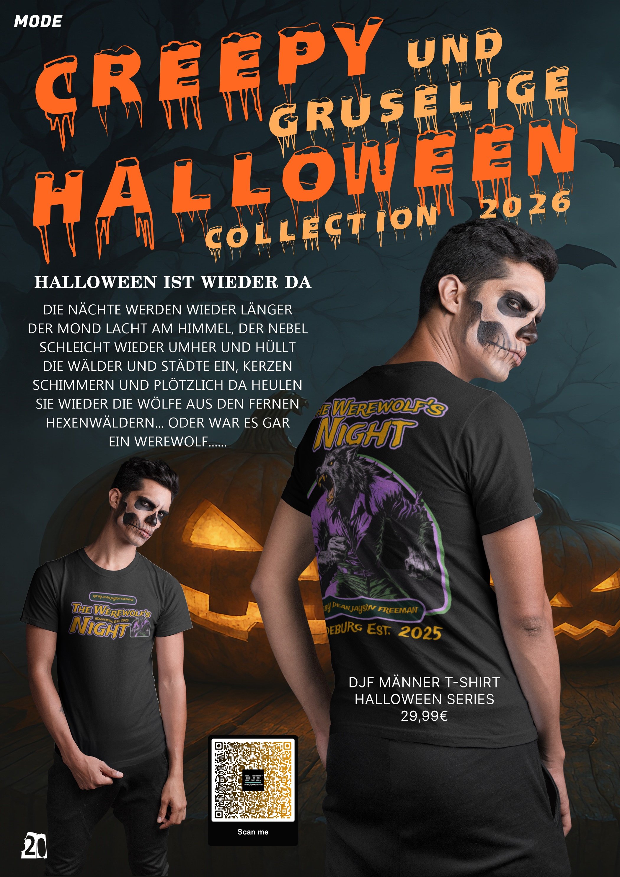 Ein Halloween-Won a dark background mit Kürbisschnitzereien. Zwei Männer tragen schwarze T-Shirts mit einem Werwolf-Design und Halloween-Text, eine Person mit Totenschädel-Schminke im Gesicht. Es gibt einen QR-Code und Text über Halloween-Kleidung.