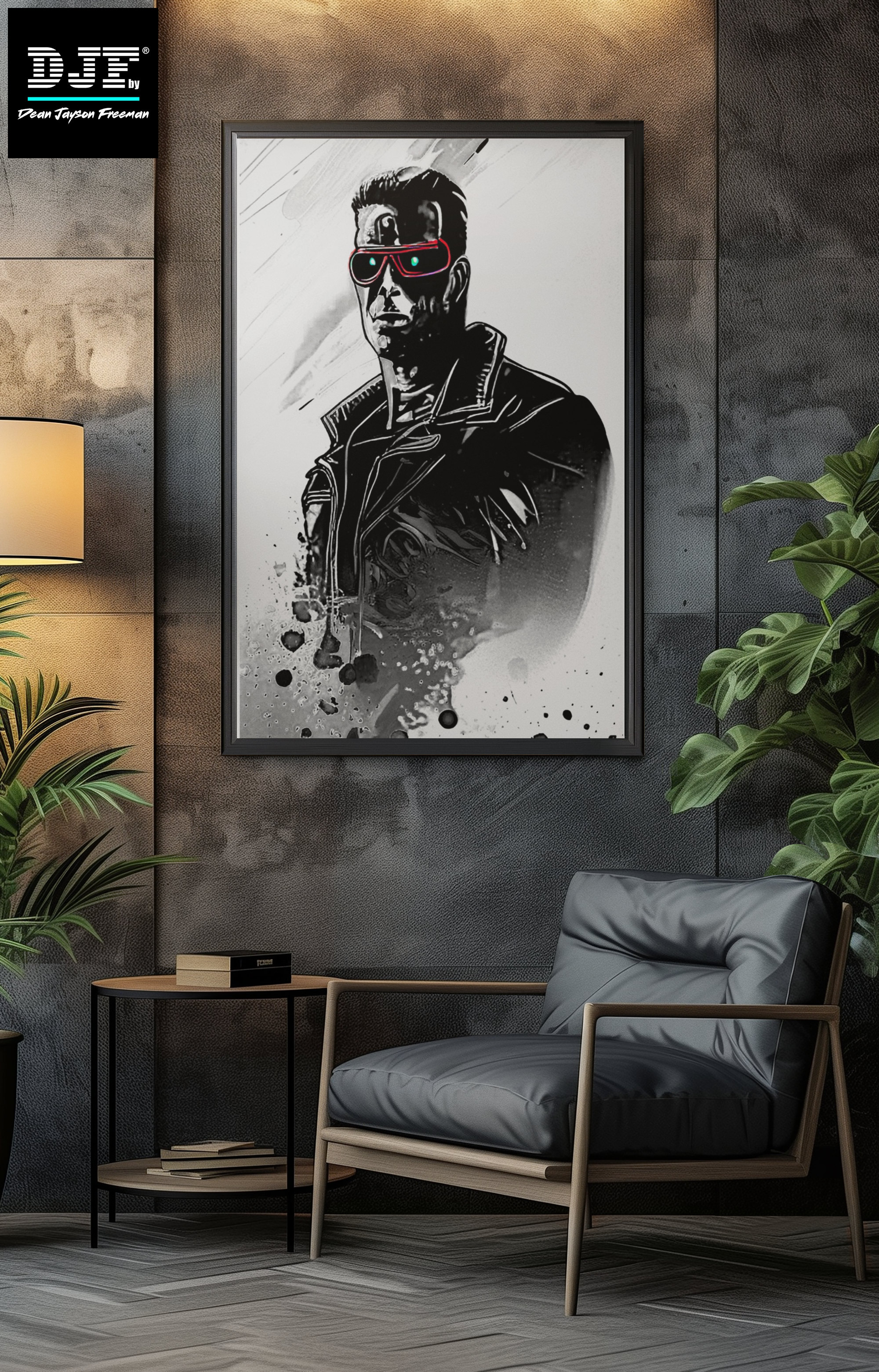 Moderne Wohnzimmer Dekoration mit einem schwarzen und weißen Kunstwerk eines Mannes wearing Sonnenbrille, umgeben von Pflanzen und Möbeln.