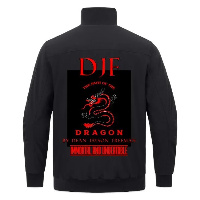 Schwarze Jacke mit rotem und schwarzem Druck, ein Drache und Textinformationen zum Buch 'The Path of the Dragon' von Dean Jayson Freeman.