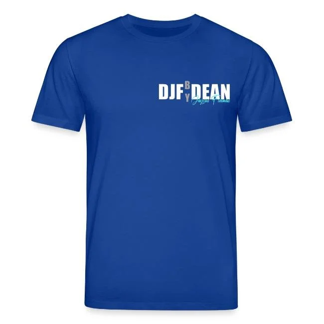 Blaues T-Shirt mit 'DIEB DEAN' und einem Unterschriften-Design auf der Brust
