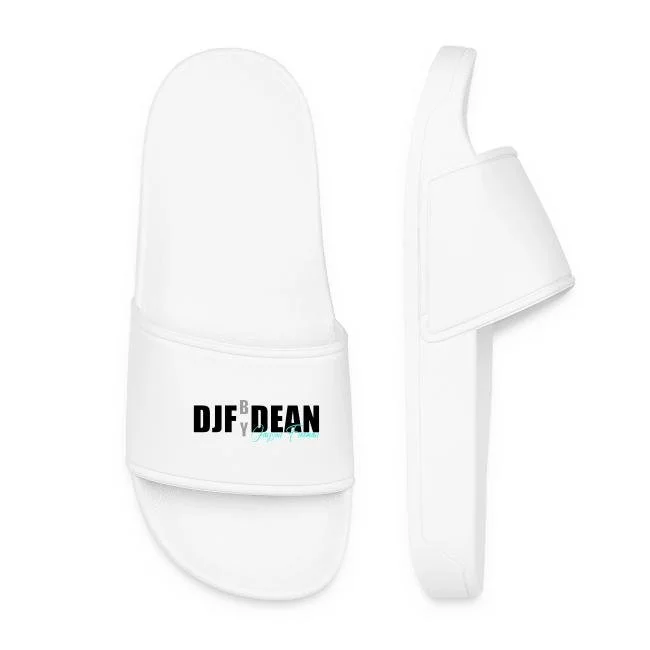 Weiße Hausschuhe mit Aufschrift "DJF by DEAN" in Schwarz und Türkis
