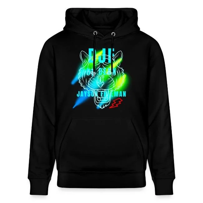 Schwarzer Hoodie mit Neon-Drachen- und Schriftzug-Design in Blau, Grün, Gelb und Rot.