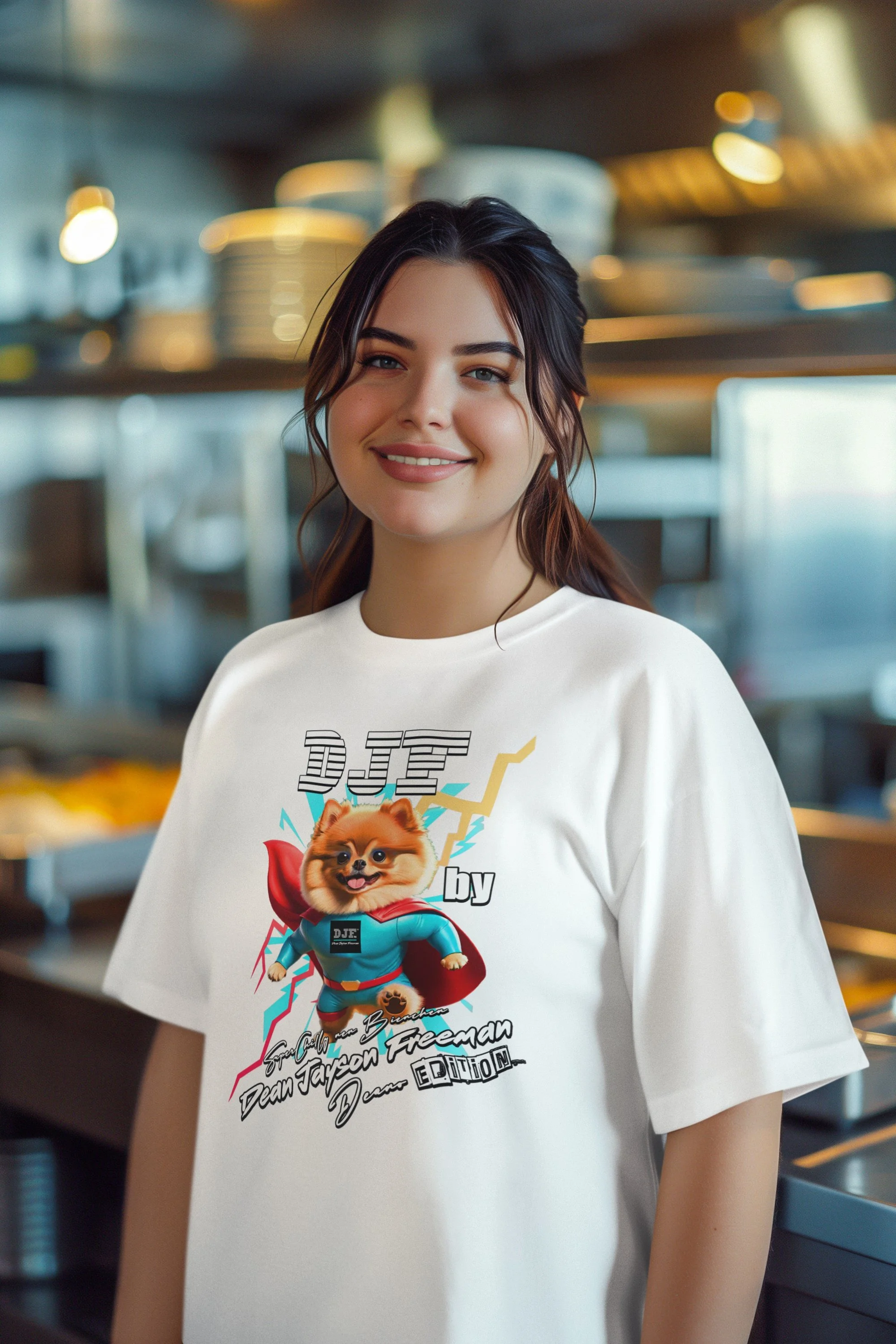 Ein junges Mädchen trägt ein weißes T-Shirt mit einem lustigen Superhelden-Design, das einen Pomeranian-Hund in einer Superhelden-Pose zeigt.