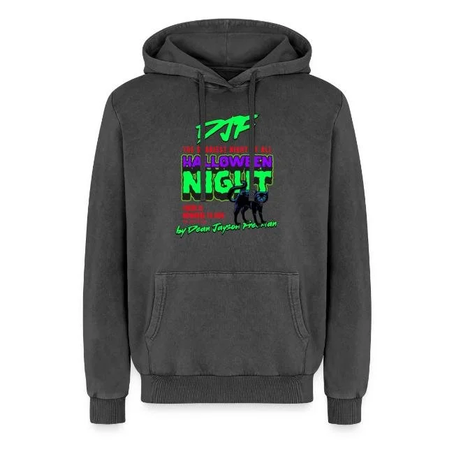 Grauer Hoodie mit Halloween-Design, das den Text 'Halloween Night' und einen schwarzen Hund zeigt.