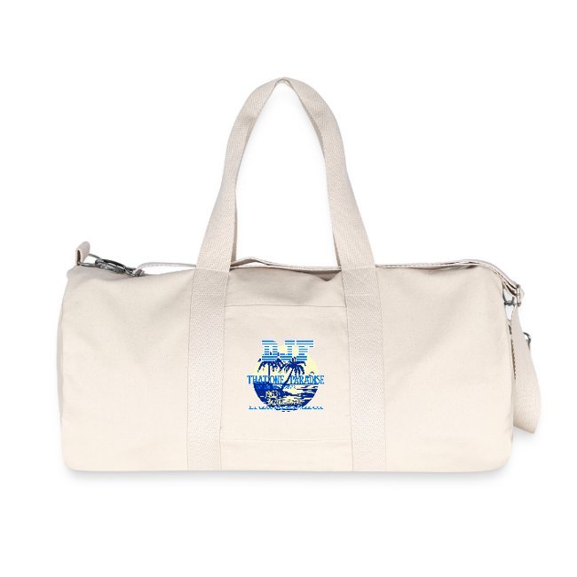 Weiße Tasche mit blauem Aufdruck und zwei Griffen.