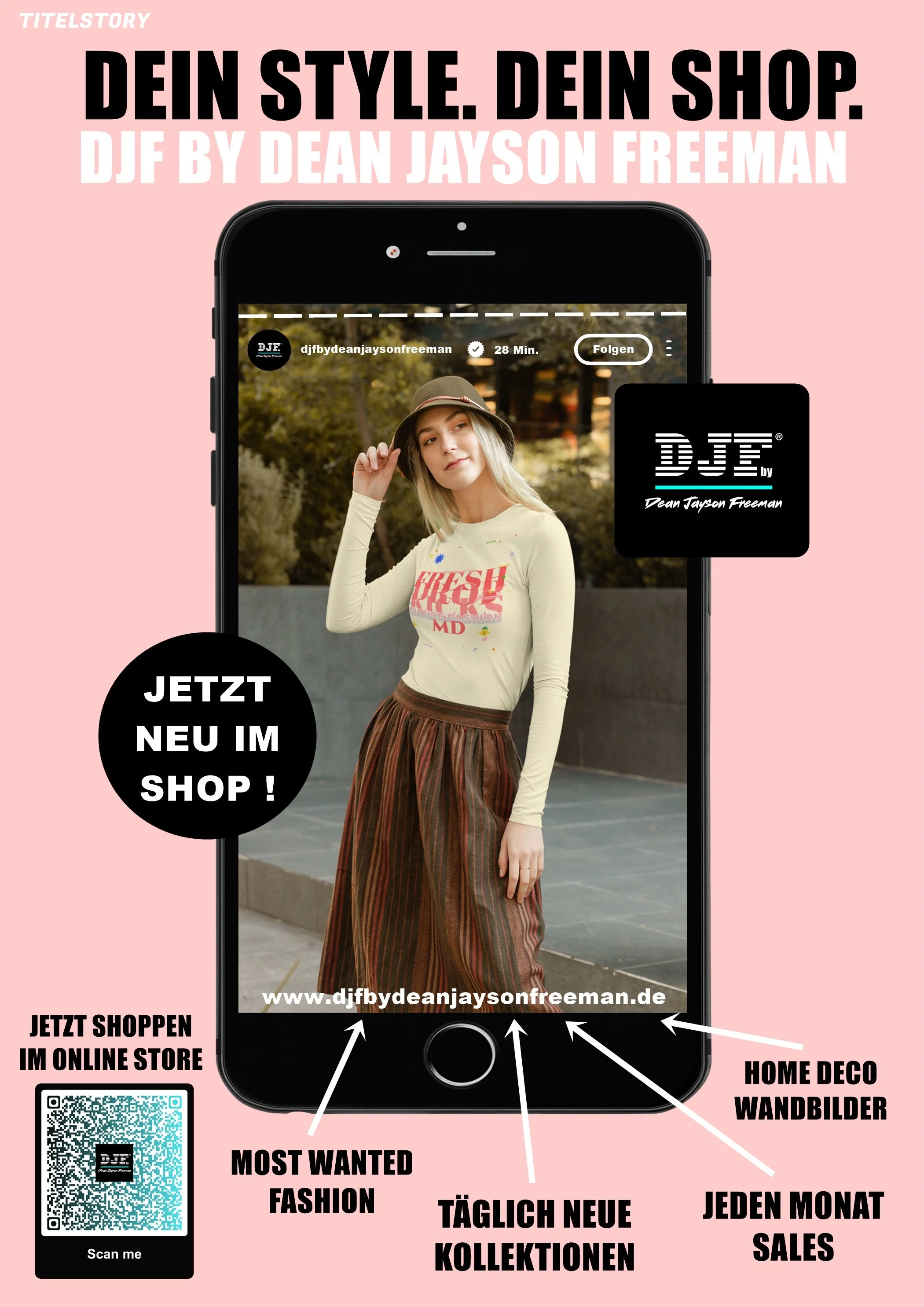 Werbebild für einen Mode-Shop mit einem Smartphone, auf dem eine junge Frau zu sehen ist. Das Bild enthält Sprechblasen und Text in deutscher Sprache, der auf den Shop und den Online-Verkauf hinweist, inklusive QR-Code für den Zugang.