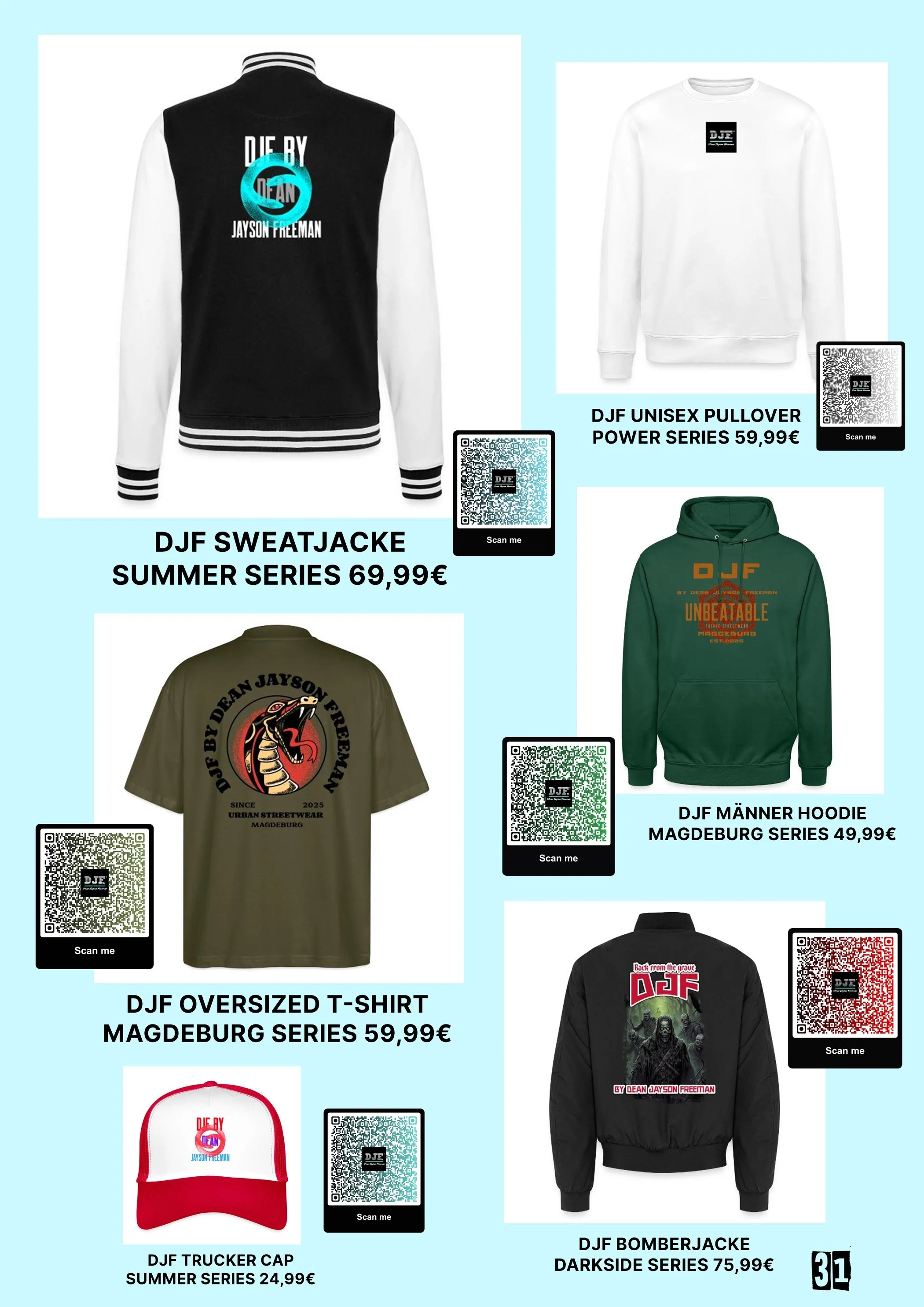 Produktbilder von Bekleidung und Accessoires, darunter eine schwarze und weiße Sweatjacke, ein grüner Hoodie, eine weiße Pullover, eine rote Kappe, alle mit verschiedenen Designs und Logos, jeweils mit Preisen und QR-Codes.