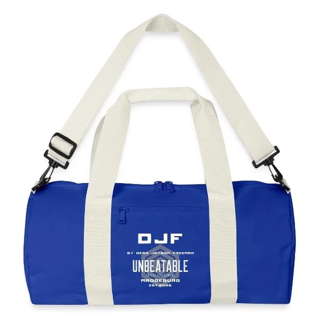 Blaue Sporttasche mit weißen Tragegriffen und Schultergurt, Markenschriftzug auf der Vorderseite, Logo, Reißverschlussfach, hergestellt von DJF.