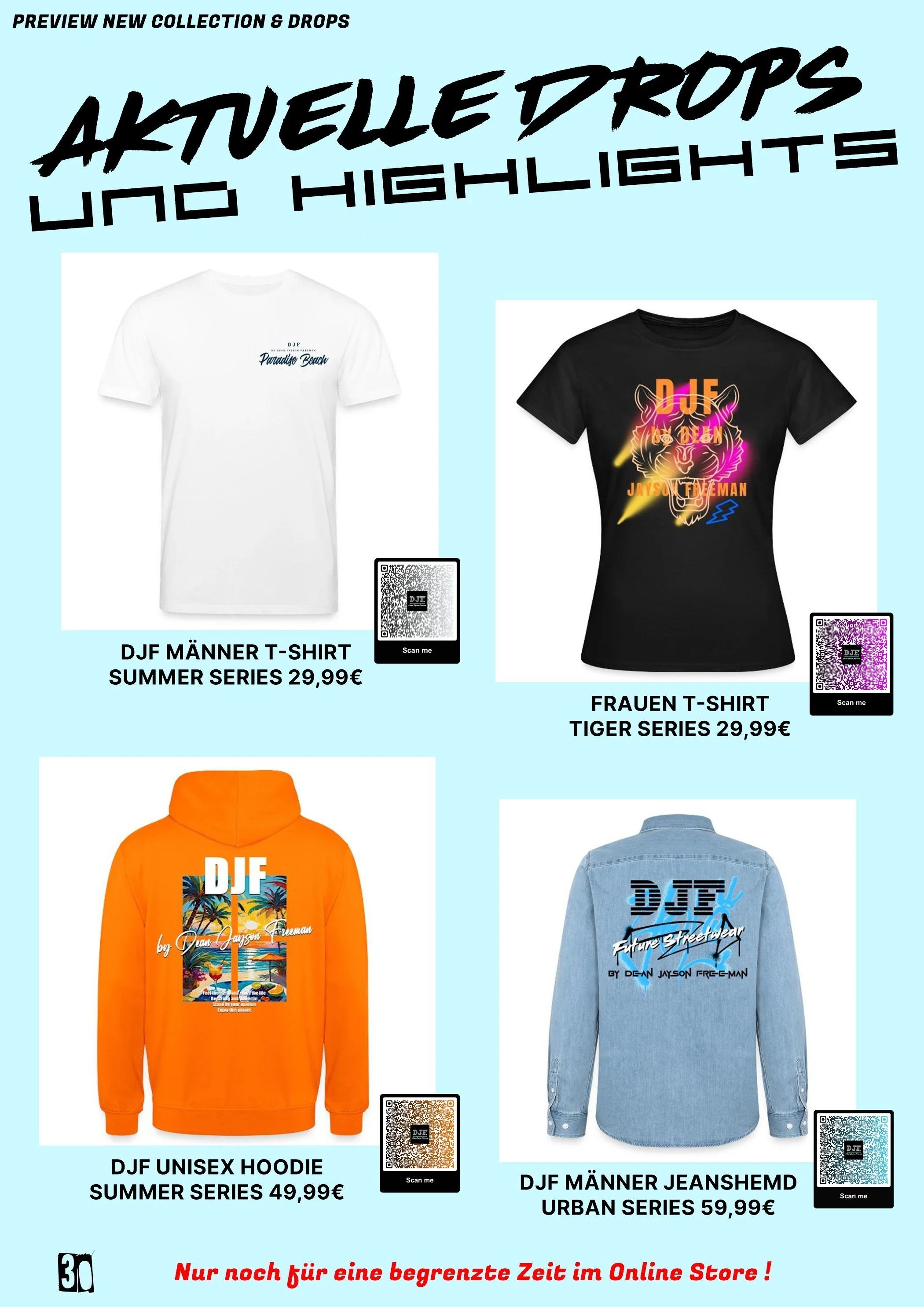Ein Werbeflyer für eine Modekollektion mit vier T-Shirt-Designs und einem Hoodie. Oben groß geschrieben: "Aktuelle Drops und Highlights". Die T-Shirts sind in verschiedenen Designs und Farben. Das erste ist ein weißes Männer-T-Shirt mit dem Text "Par