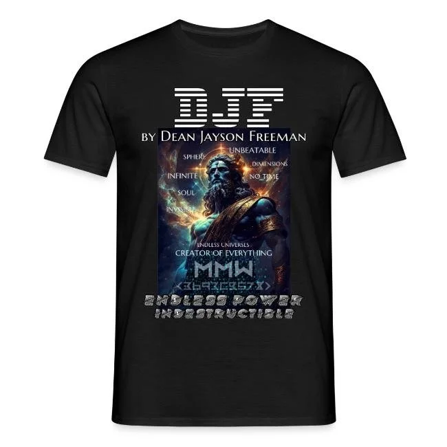Schwarzes T-Shirt mit einem grafischen Design, das einen antiken Gott oder Kriegsgott zeigt, umgeben von kosmischen und energetischen Effekten, mit Texten und Worten wie 'DJF', 'Dean Jayson Freeman', 'unbeatable', 'endless power', 'indestructible'