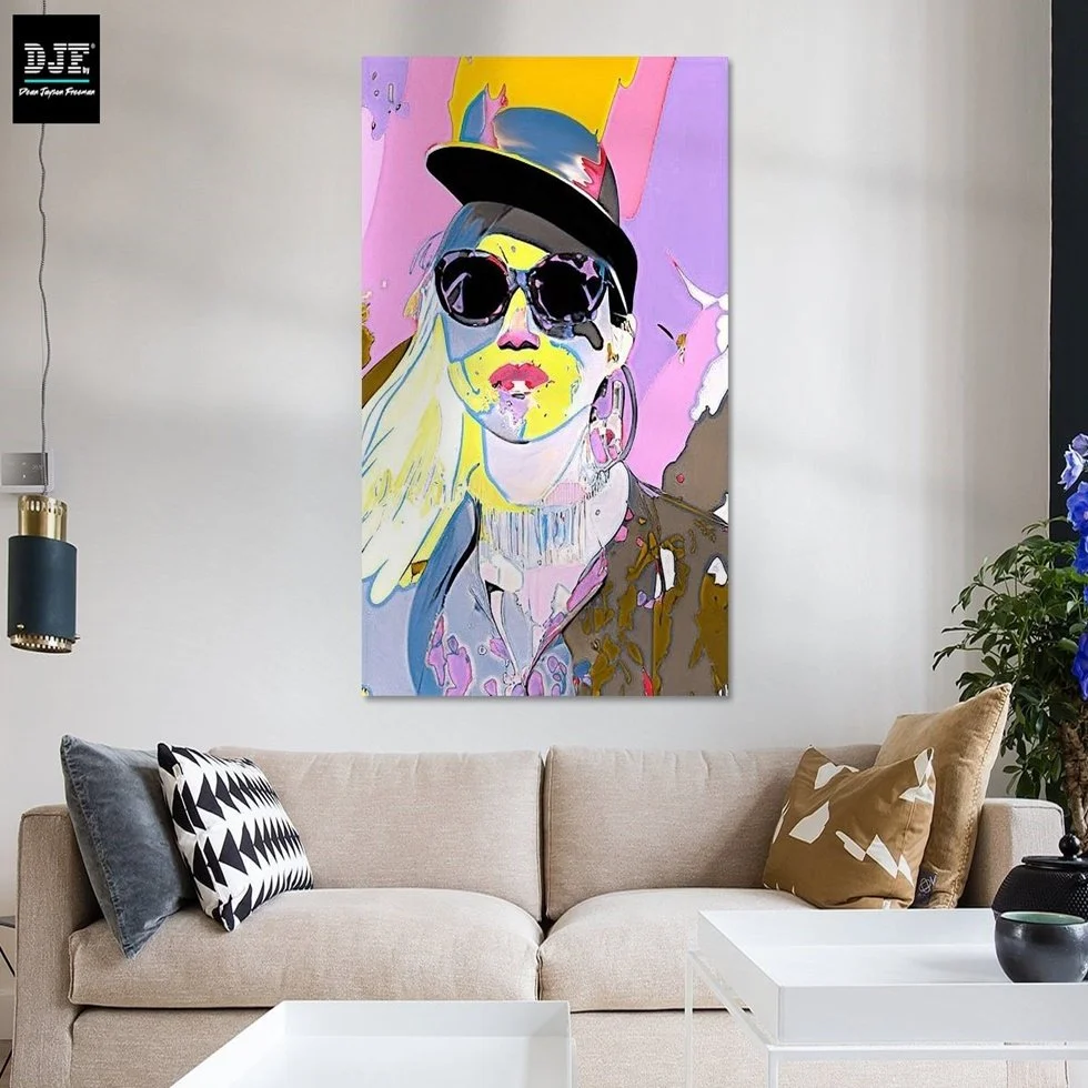 Kunstwerk eines stilisierten Frauenporträts mit Sonnenbrille, Cap und Earring, in bunten, abstrakten Farben auf einer leichten Wand über einem Couch.