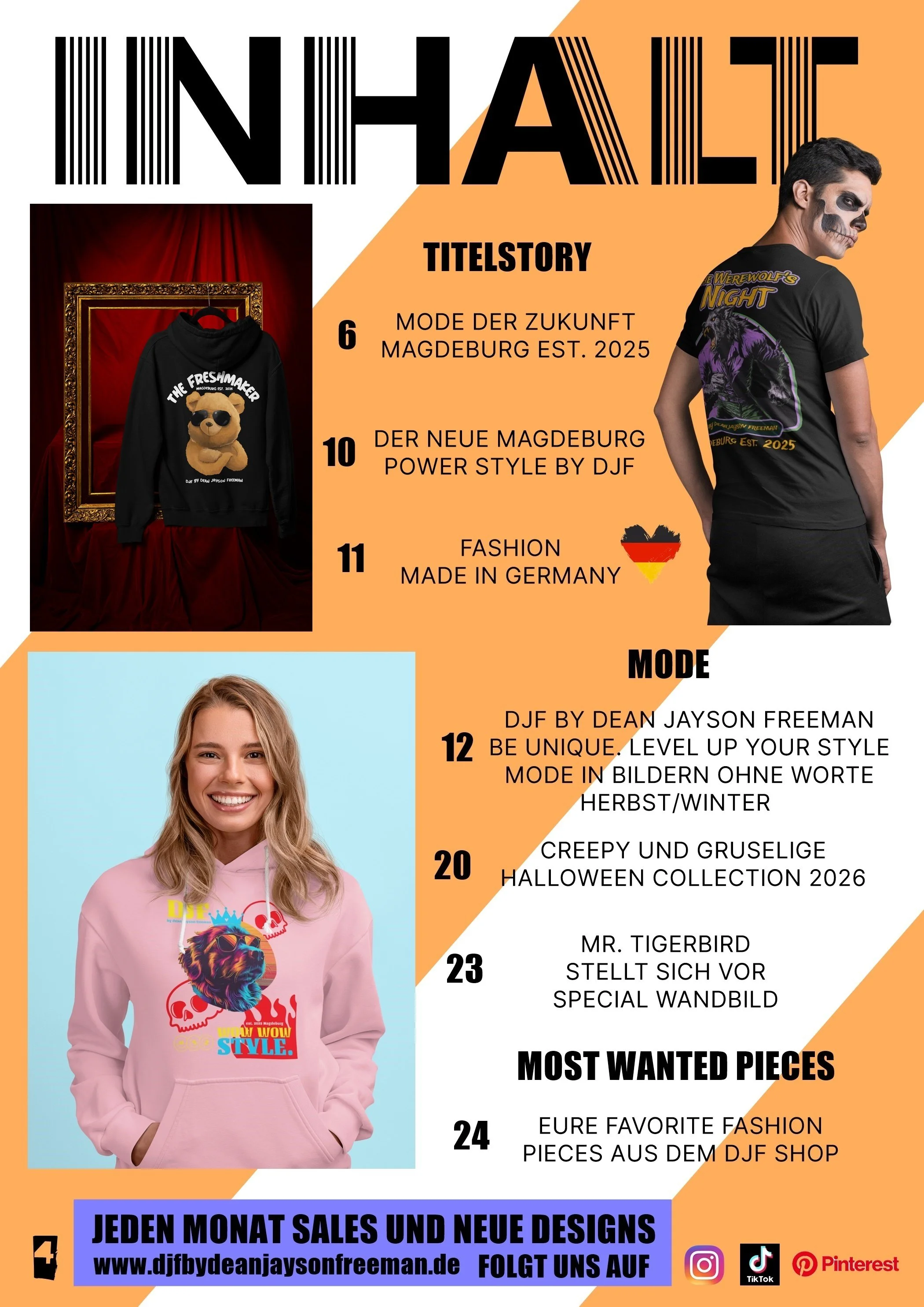Einige Damenmodelle tragen Hoodies mit bunten Designs, im Hintergrund rote Vorhänge und Bilderrahmen. Es gibt Text und Logos, die auf eine Modeseite und Frühling/Sommer-Saison hinweisen, sowie Social Media Symbole.