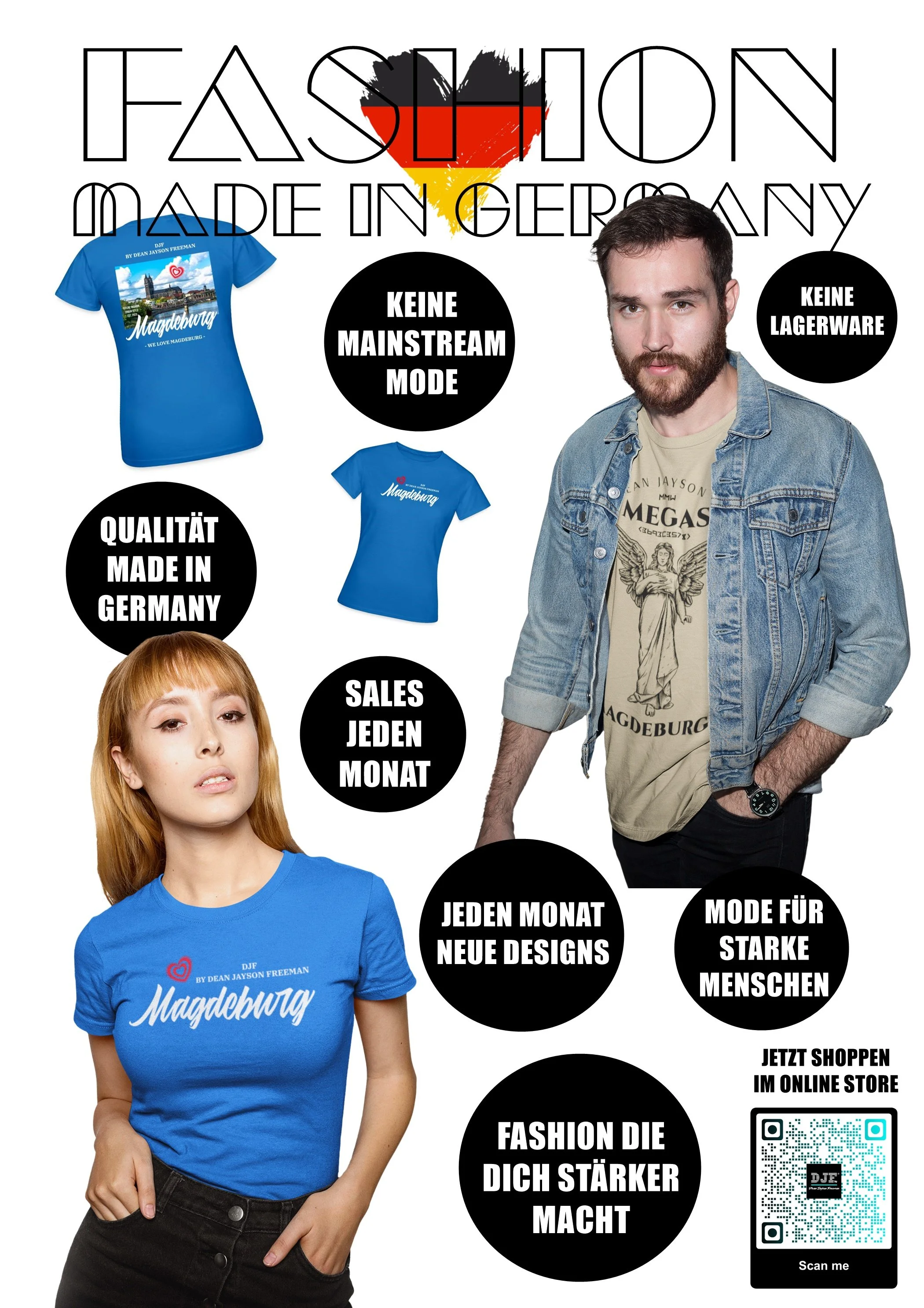 Modisches T-Shirt mit dem Stadtbild von Magdeburg in Deutschland, großem Logo und Herz. Model trägt das T-Shirt. Mehrere schwarze Kreise mit deutschen Texten zu Mode, Qualität, Design, Trends, Online-Shop, und QR-Code.