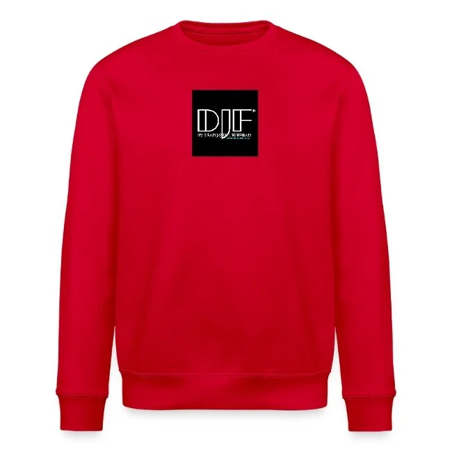 Rote Sweatshirt mit schwarzem Logo in der Mitte, das die Buchstaben 'DJF' zeigt.