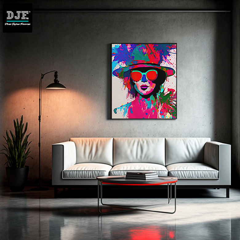 Moderne Wohnzimmer mit grauer Wand, weißem Sofa, schwarzem Couchtisch mit Büchern, stehendem Lampenständer, Topfpflanze, und einem bunten Kunstwerk an der Wand, das eine stilisierte Frauenfigur mit Hut, Sonnenbrille und Regenbogenfarben zeigt.