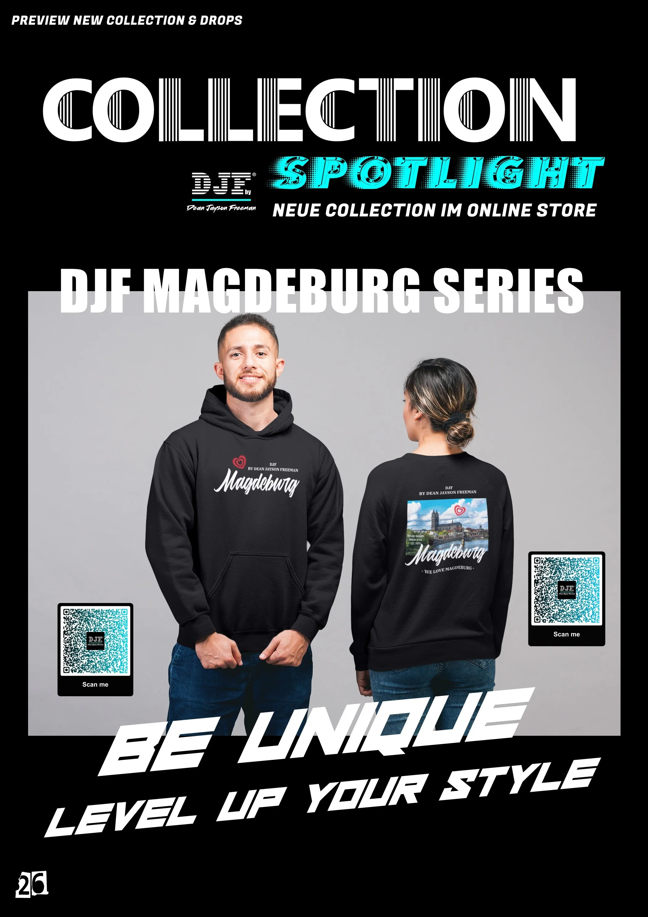 Werbeplakat für eine Modekollektion mit zwei Menschen, die Hoodies tragen, QR-Codes auf beiden Seiten, Text in Englisch und Deutsch, z.B. "PREVIEW NEW COLLECTION & DROPS", "D jf magdeburg", "BE UNIQUE, LEVEL UP YOUR STYLE".