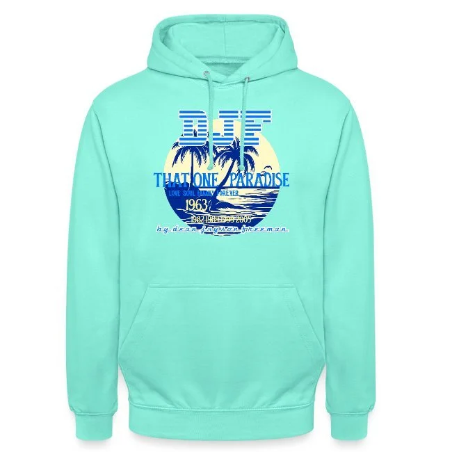 Hemd mit Aufdruck eines tropischen Paradieses mit Palmen, Sonne, Meer und Texten wie 'TILLATONE PARADISE' und 'LOVE SOUL'.