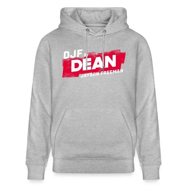 Grauer Hoodie mit weißem und rotem Drucktext, der 'DIE LINKE' und 'Jayson Freeman' zeigt.