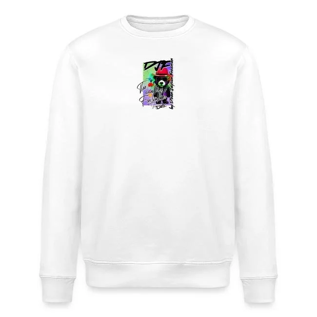 Weißer Pullover mit einem farbenfrohen, grafischen Design in der Mitte, das eine kreative, künstlerische Illustration enthält.