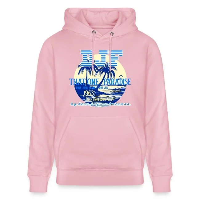 Ein rosa Kapuzenpullover mit einem Druck, der Palmen, einen Sonnenuntergang oder Sonnenaufgang und den Text "DGF THAT ONE PARADISE" sowie das Jahr 1963 zeigt.