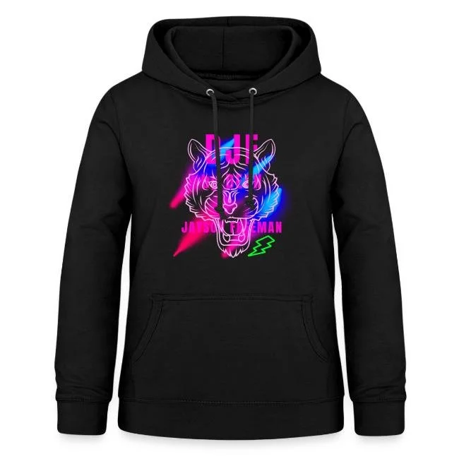 Schwarzer Kapuzenpullover mit neonfarbenem Tiger-Design und dem Text "Jungs und Mann".