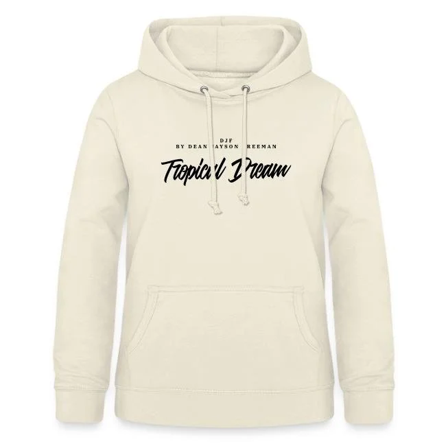 Cremefarbener Hoodie mit Kapuze, Schriftzug 'Tropical Dream' und weiteren kleinen Texten auf der Brust.