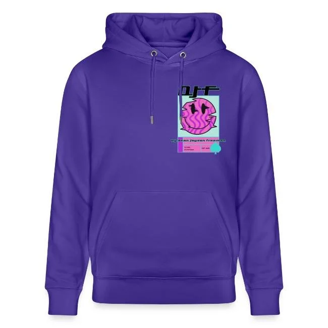 Lila Hoodie mit digitalem, pinkem, lachendem Fisch-Design und Text im Retro-Stil