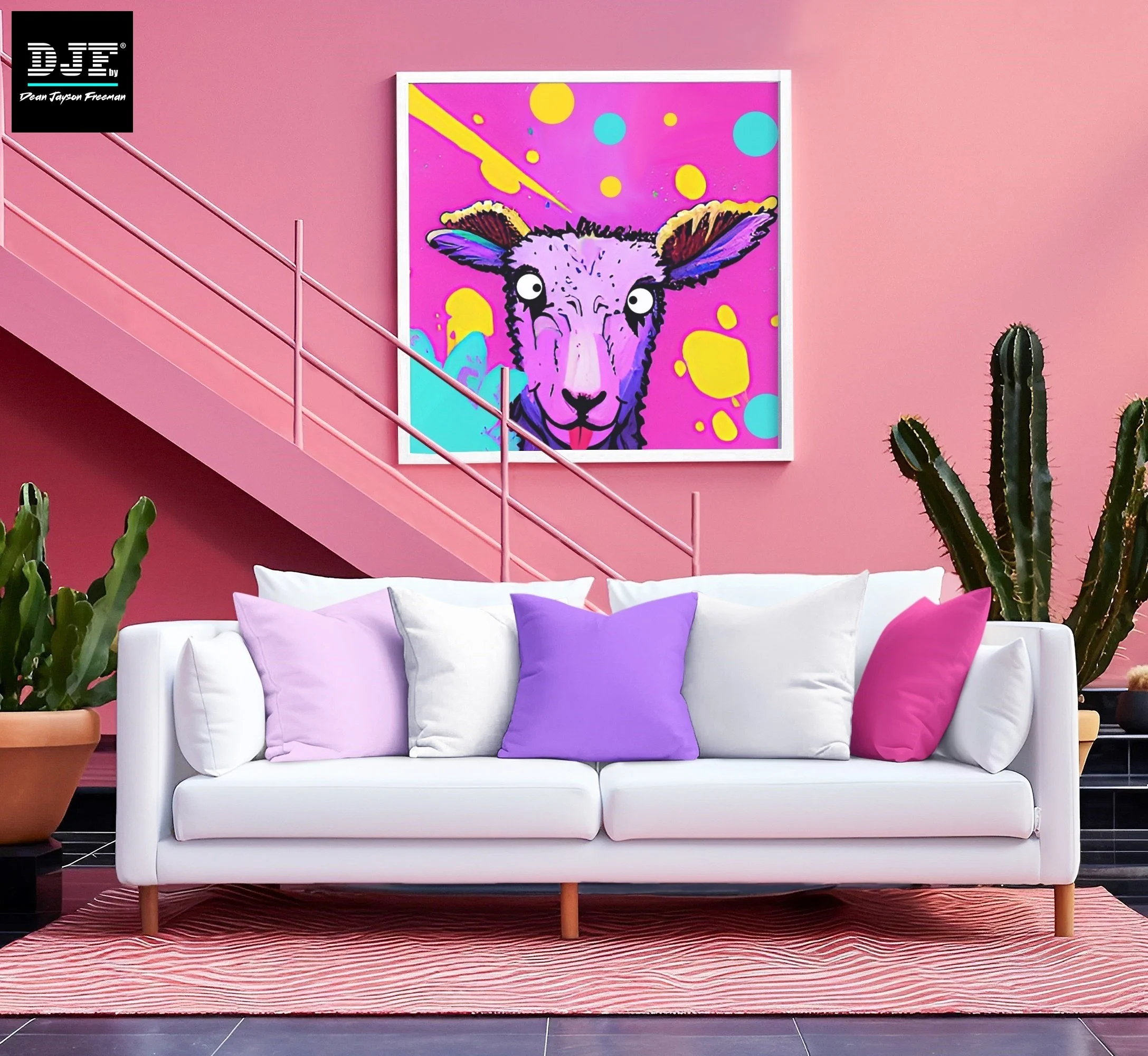 Ein modernes Wohnzimmer mit pinken Wänden, einer weißen Couch mit lila, weißen und pinken Kissen, einem Teppich mit roten Streifen, großen Zimmerpflanzen, und einem bunten Gemälde eines Ziegenkopfs an der Wand.